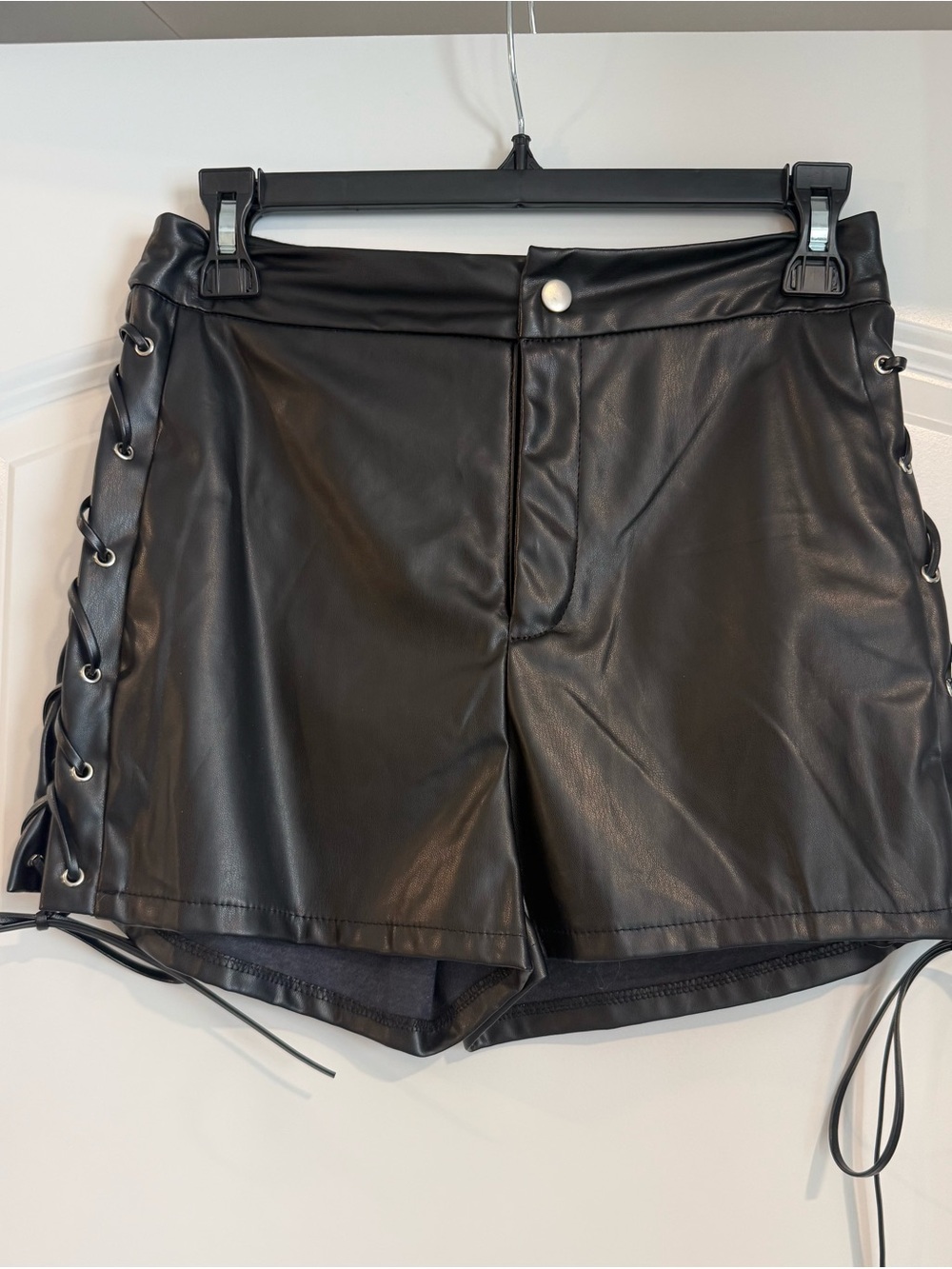 Blue Blush Faux Leather Black Women's Lace-Up Shorts